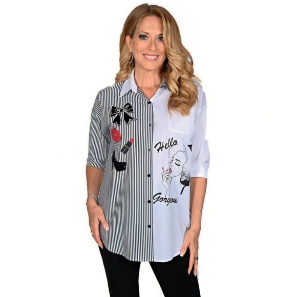 Frank Lyman Tops - Frank Lyman Design Collection Shirt Medium Striped Woman Illustration Artsy B&W